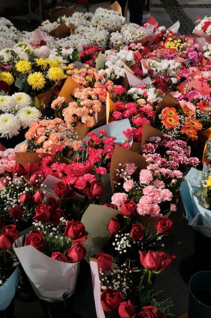 A vibrant display of fresh floral arrangements featuring a variety of flower types and colors. There are dozens of bouquets with roses in deep red, pink carnations, white daisies, yellow chrysanthemum