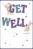 A sense of playful optimism radiates from this charming get well card, where a cheerful teddy bear and a bouncy puppy appear to come alive, eagerly presenting large, colourful letters in cool indigos and teals that spell out 'Get Well.' Both characters seem caught in a moment of shared encouragement-each furry texture lovingly rendered, soft and inviting, just as a comforting companion beside you on a quiet afternoon near Raynes Park's bustling centre. Twinkling stars in varying shades of blue and purple float across a clean cream background, adding a sprinkle of magic and hope reminiscent of gathering petals in Blue Ridge Park at the edge of dusk. There's a sense of tactility to the illustration-the bear's gentle, plush arms and the puppy's velvety ears practically beckon an embrace. The layout is lively, yet balanced, embodying the kind of thoughtful care found in every bouquet crafted by local florists for same-day delivery throughout Raynes Park. This card is not just a message, but an emotional balm: a gentle lift for the soul, infused with a spirit of kindness and resilience, perfect for brightening recovery days and sending comfort from one Raynes Park neighbour to another.